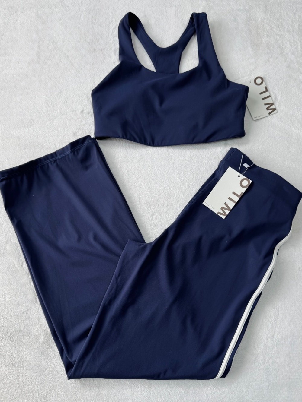 NWT Wilo The Label 2-Piece Set Racerback Sports Bra Wide Leg Stripe Pant Navy